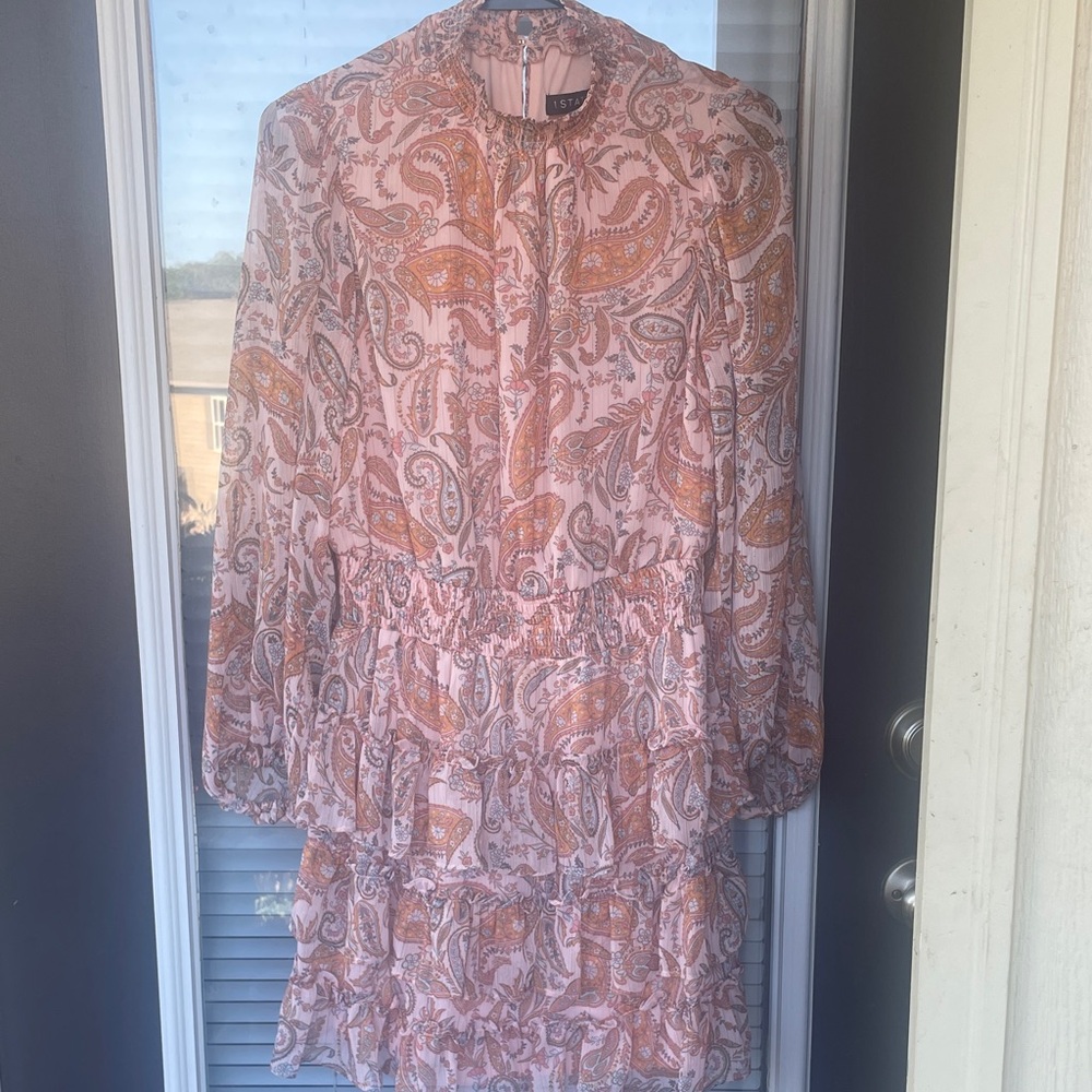 1.State Boho Paisley Tiered Long Sleeve Pink & Orange Dress-M